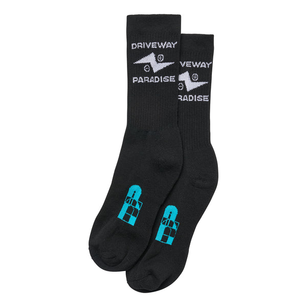 Black socks with white text and blue logo on a white background