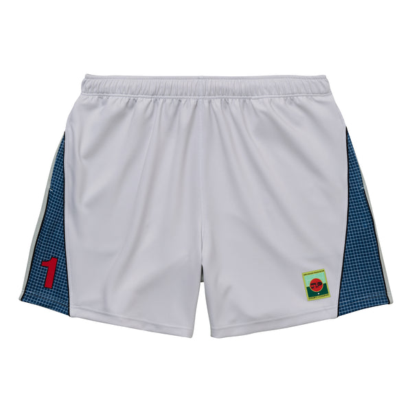 White athletic shorts with blue checkered sides on a white background